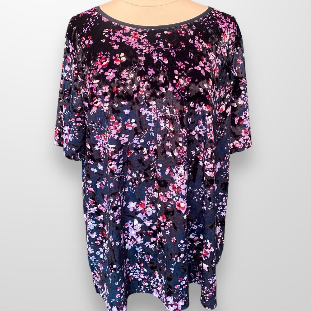 Evri Size 1X Top Tunic Shirt Blue Velvet Velour‎ Short Sleeve Stretch Travel